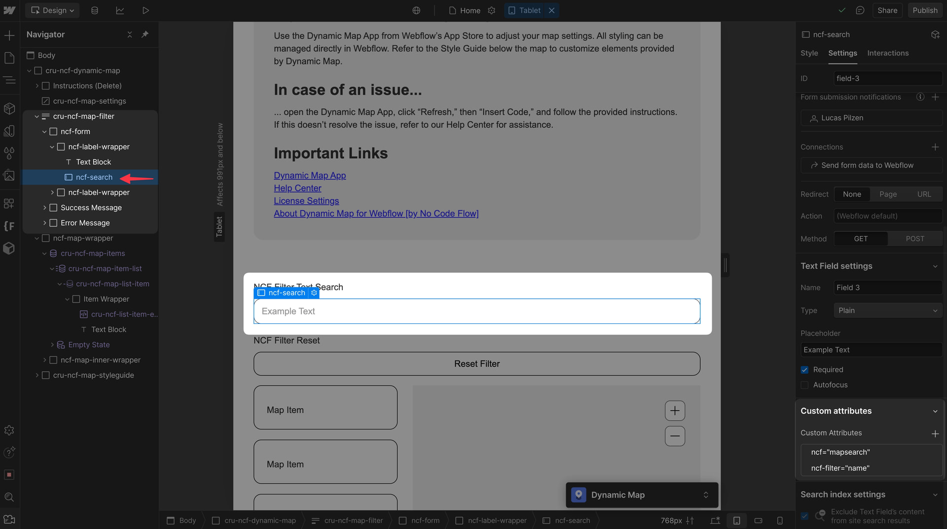 Webflow Designer showing the ncf-search input element placed inside the cru-ncf-map-filter div, ready to be styled.