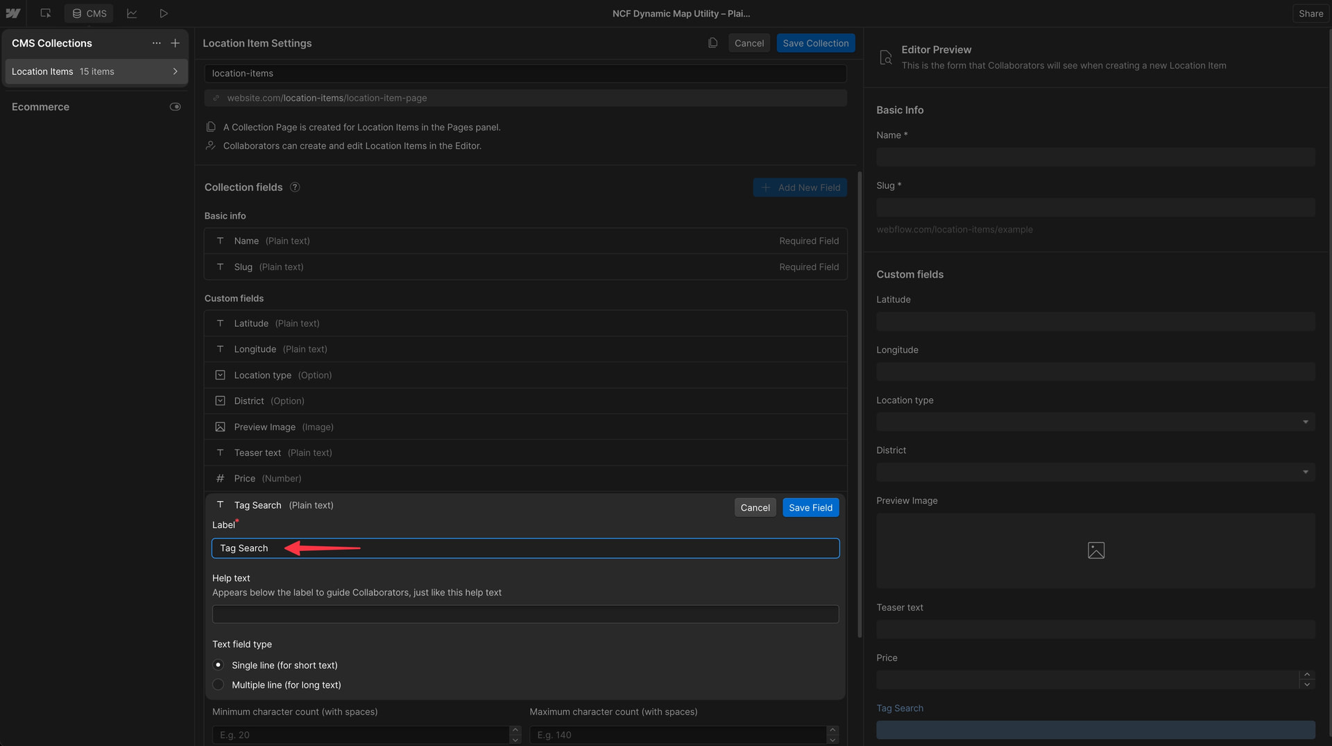 Webflow CMS collection editor showing a new Text field called Tag Search being added to support advanced keyword-based item searching.