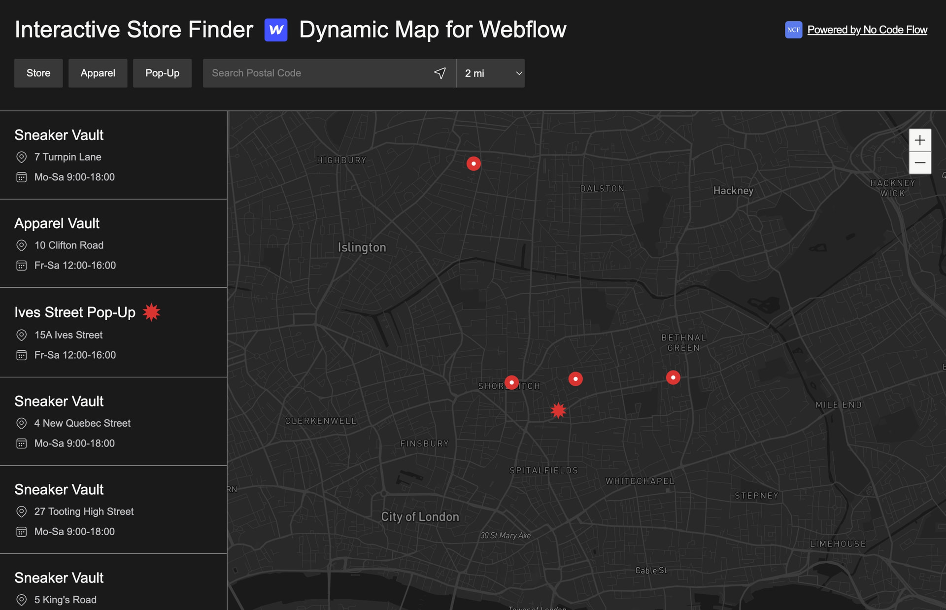 Dynamic Map loaded at a custom zoom level and geographic position on page load.
