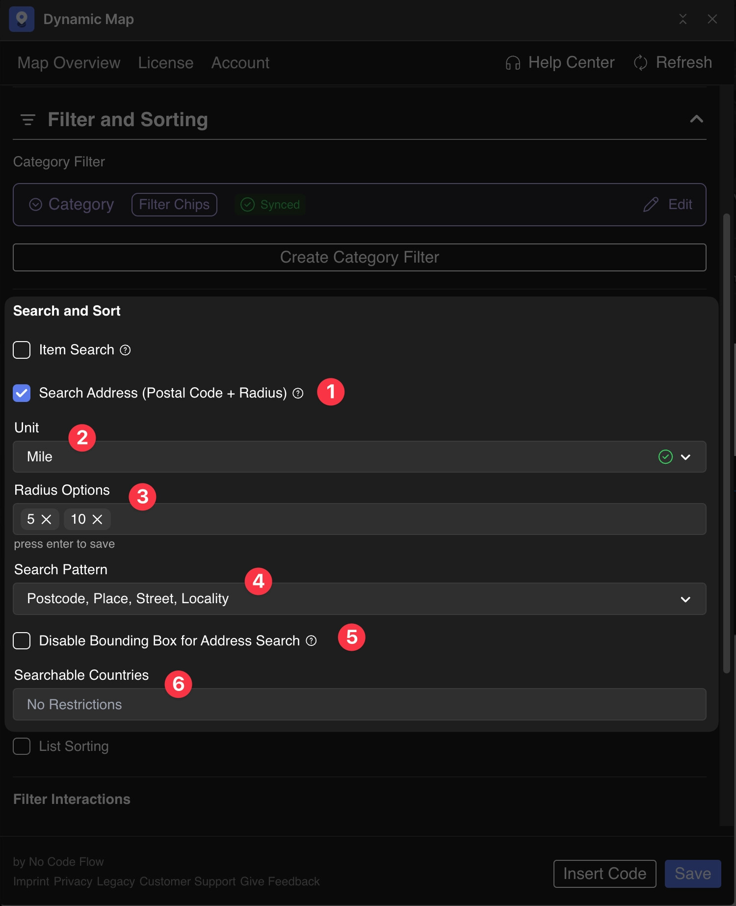 Dynamic Map App Filter and Sorting panel showing the Address Search configuration options including unit, radius range, search pattern, and country restriction.