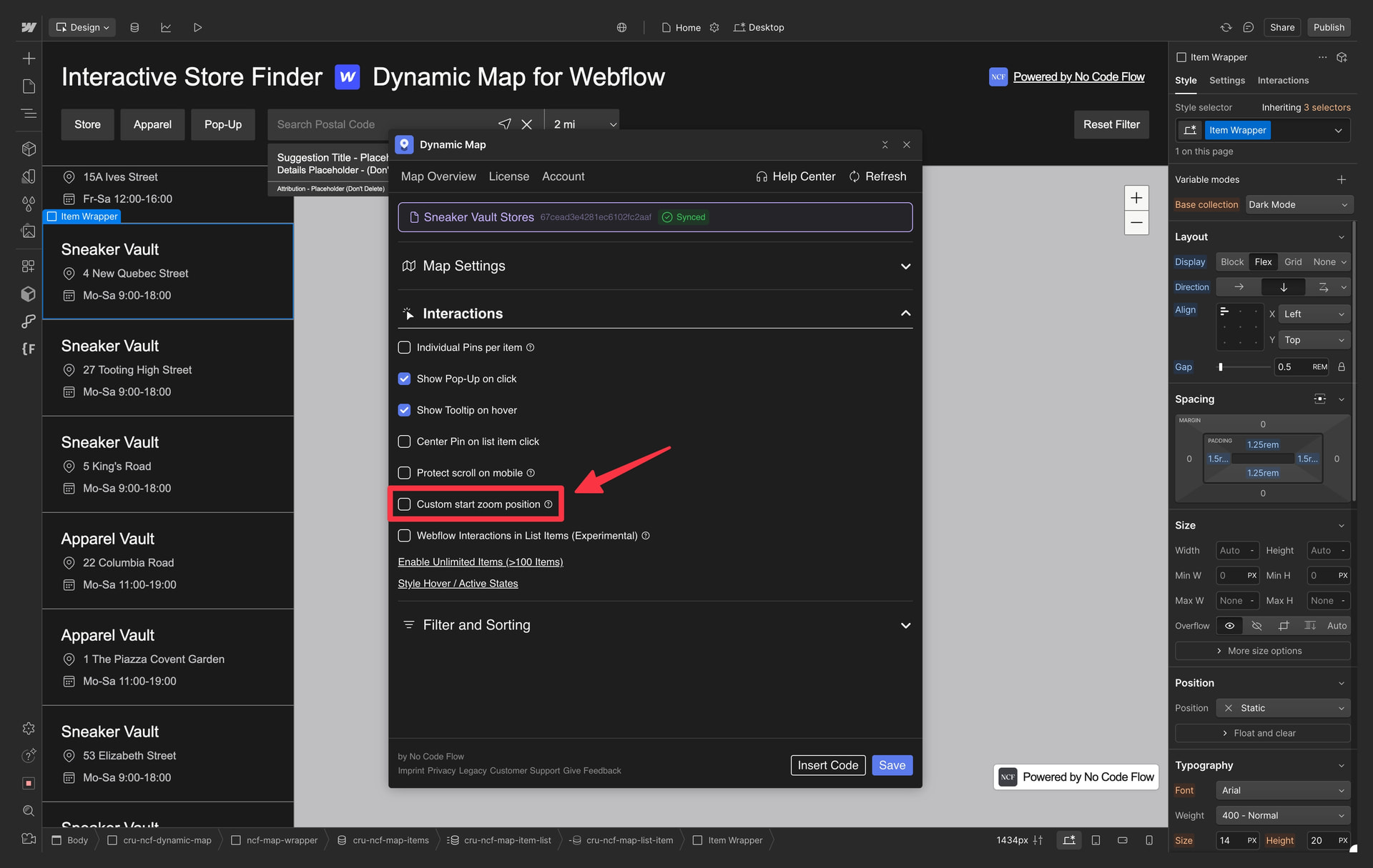 Dynamic Map App Interactions panel showing the Custom start zoom position toggle enabled.