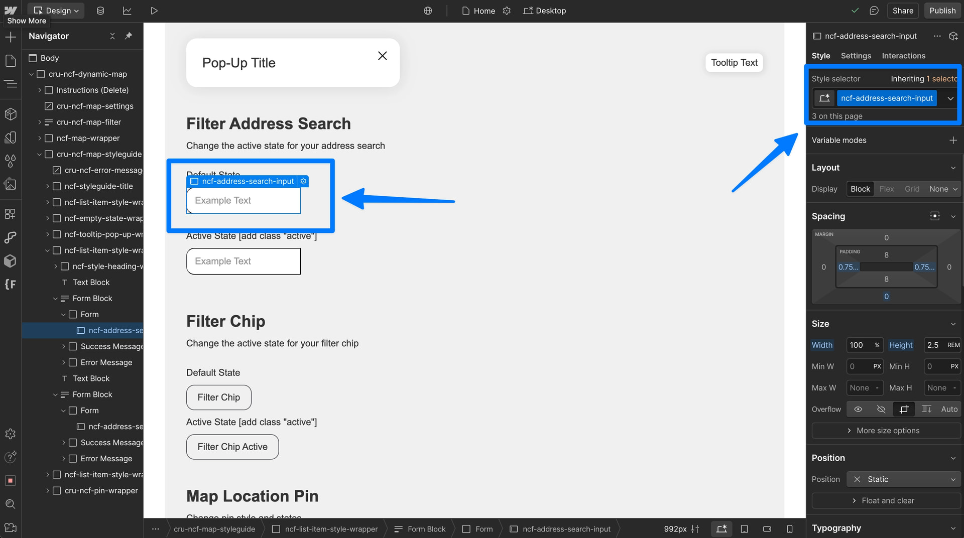 Webflow Designer showing the ncf-address-search-input class applied to the address search input element to style its default state.
