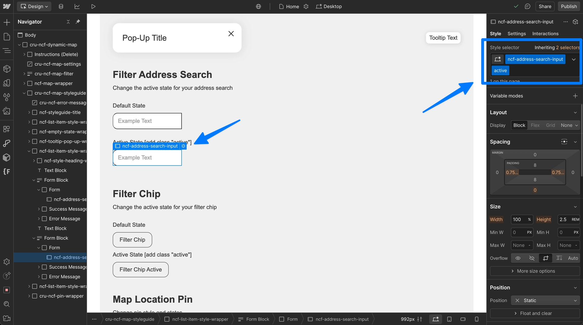 Webflow Designer showing the active combo class ncf-address-search-input active applied to style the address search input when focused.
