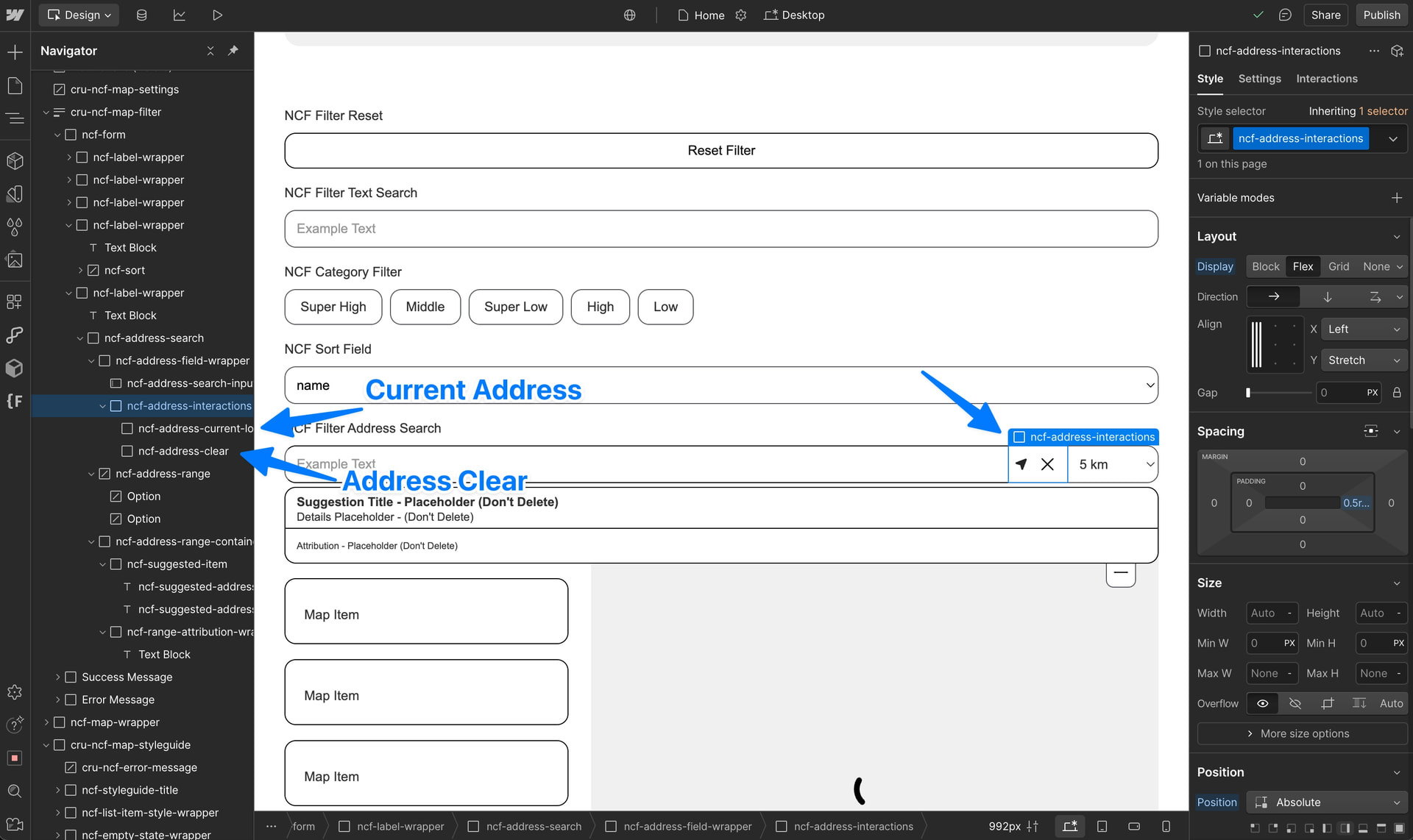 Webflow Designer showing the ncf-address-current-location and ncf-address-clear elements inside the address search component, ready to be styled.