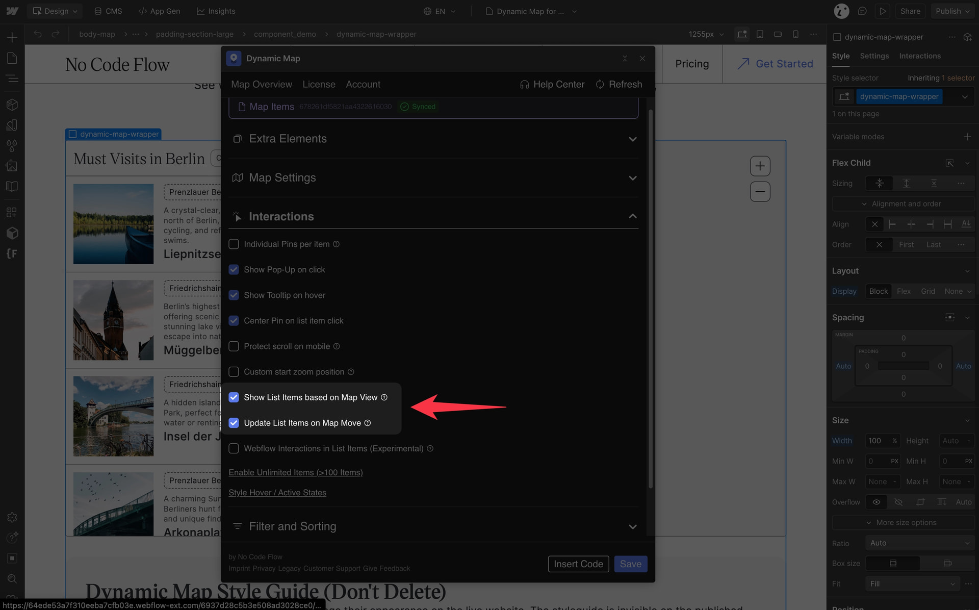 Dynamic Map App Interactions panel showing Show List Items based on Map View enabled with the Update on Map Move option.
