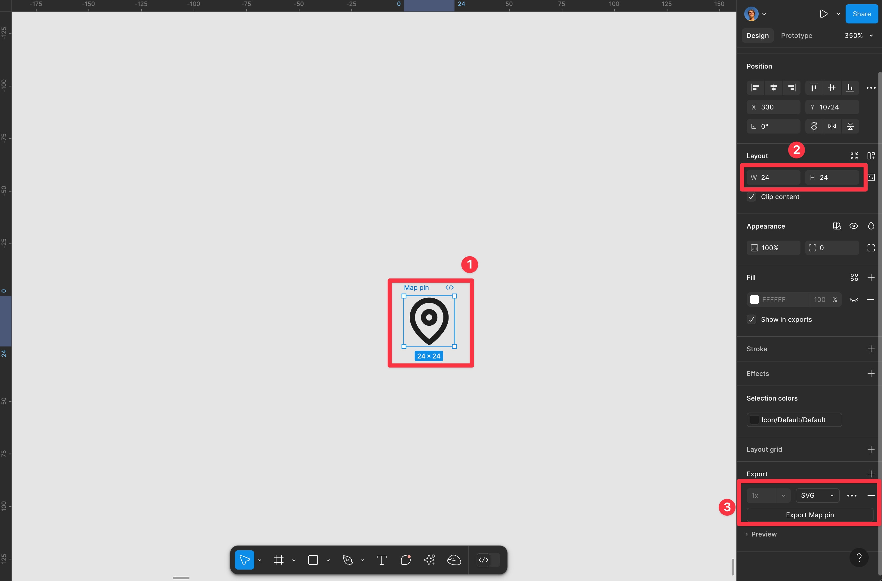 Figma workspace showing an icon exported as SVG for use as a custom map pin.