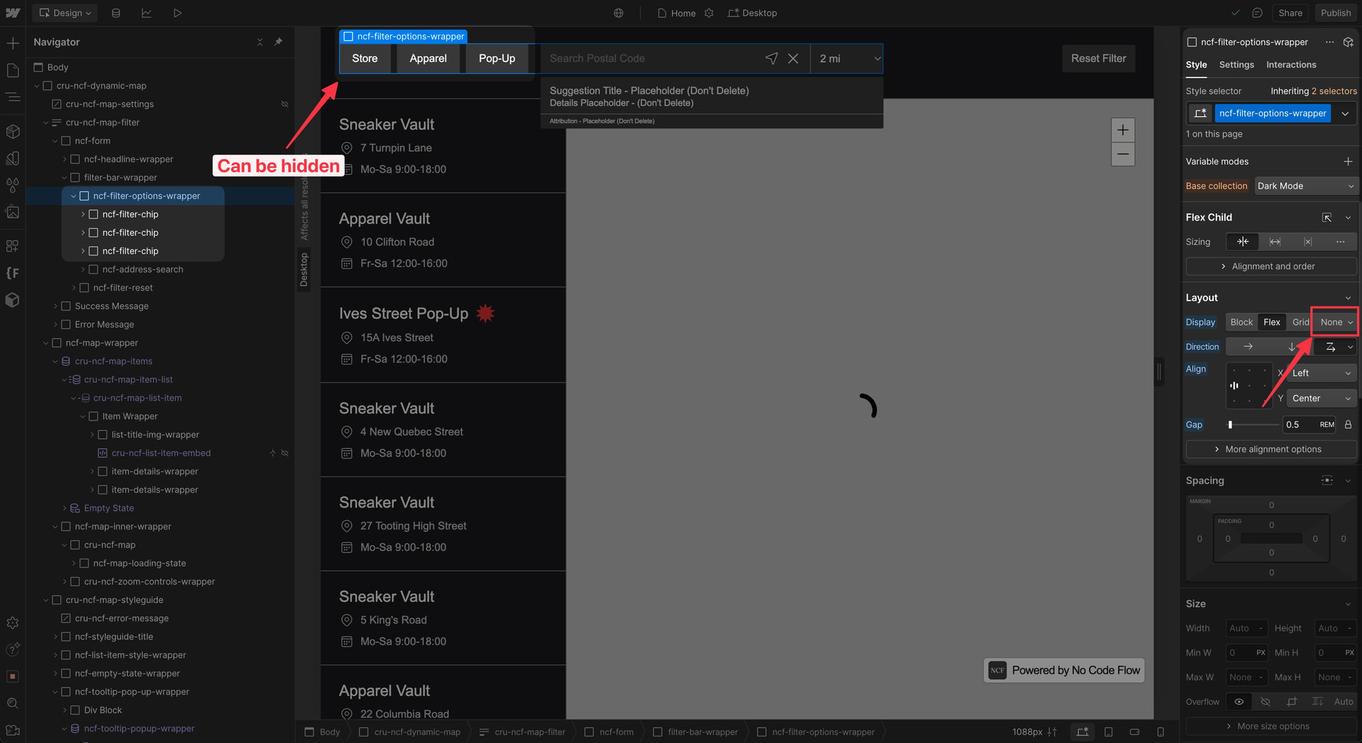 Webflow Designer showing a Dynamic Map filter element set to Display: None.
