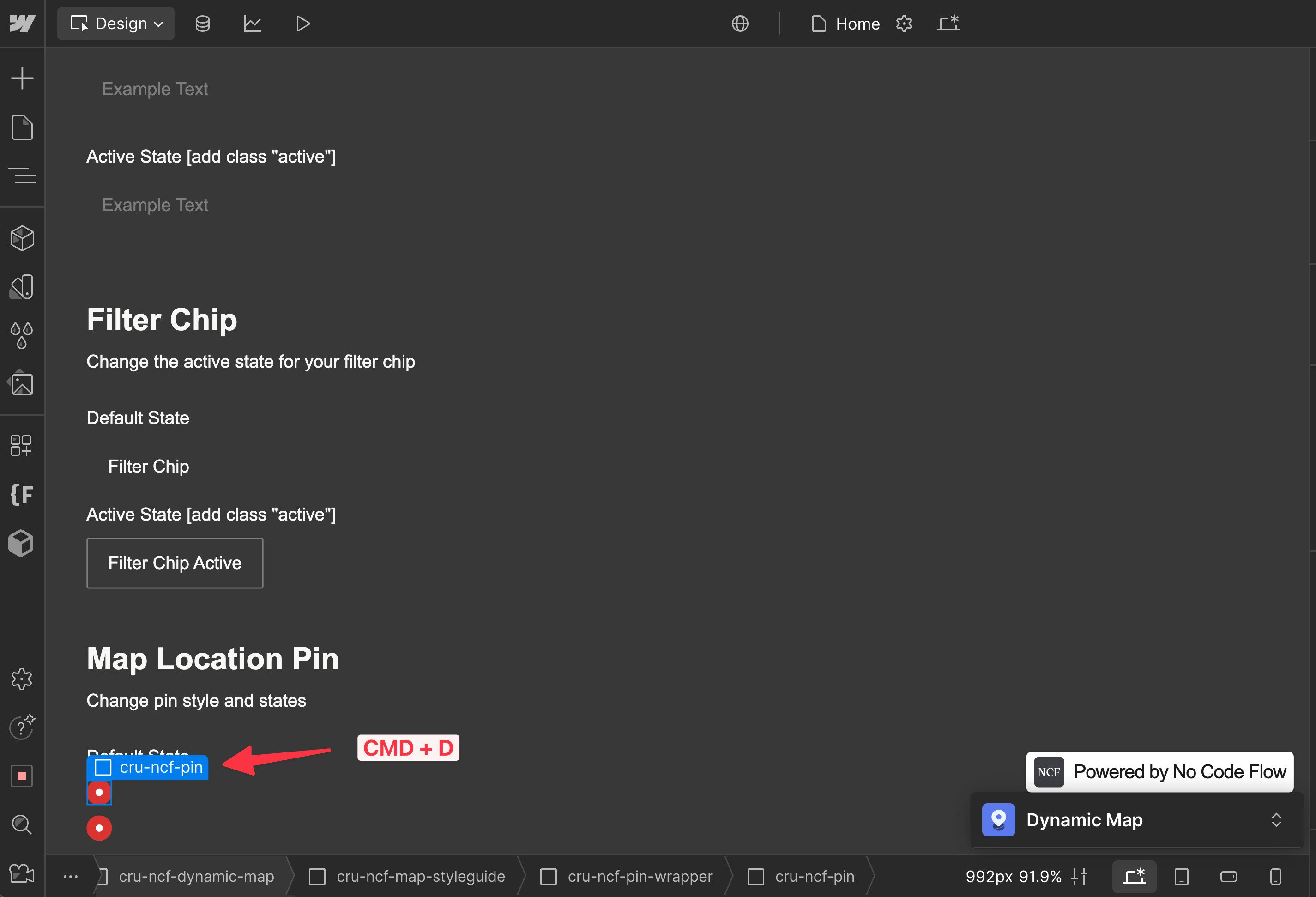 Webflow Designer showing the default Dynamic Map pin being duplicated to create a category pin variant.