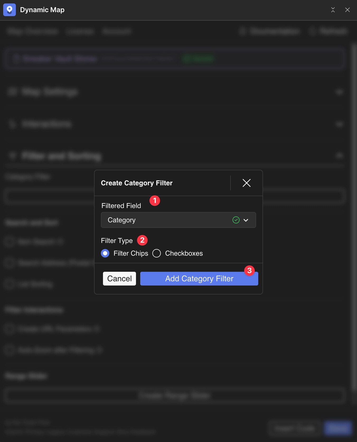 Dynamic Map App filter configuration modal showing an Option field selected, filter chip UI type chosen, and the Add Category Filter button.