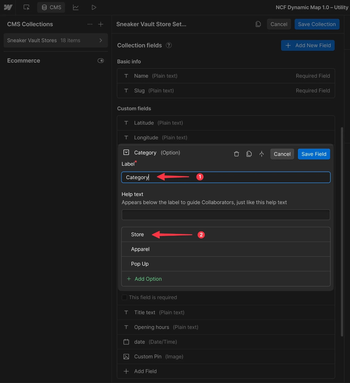 Webflow CMS Collection List showing an Option field being created to define filterable categories for Dynamic Map.