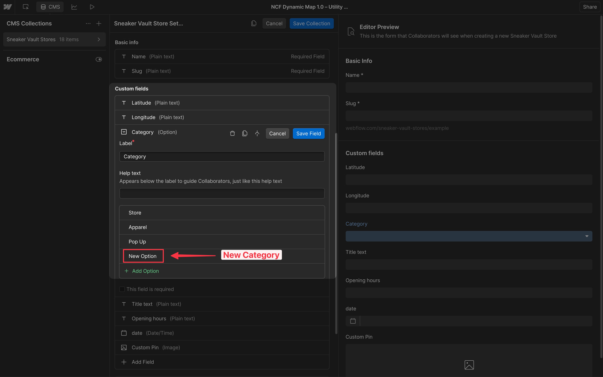 Webflow CMS collection editor showing a new option being added to the category Option field.