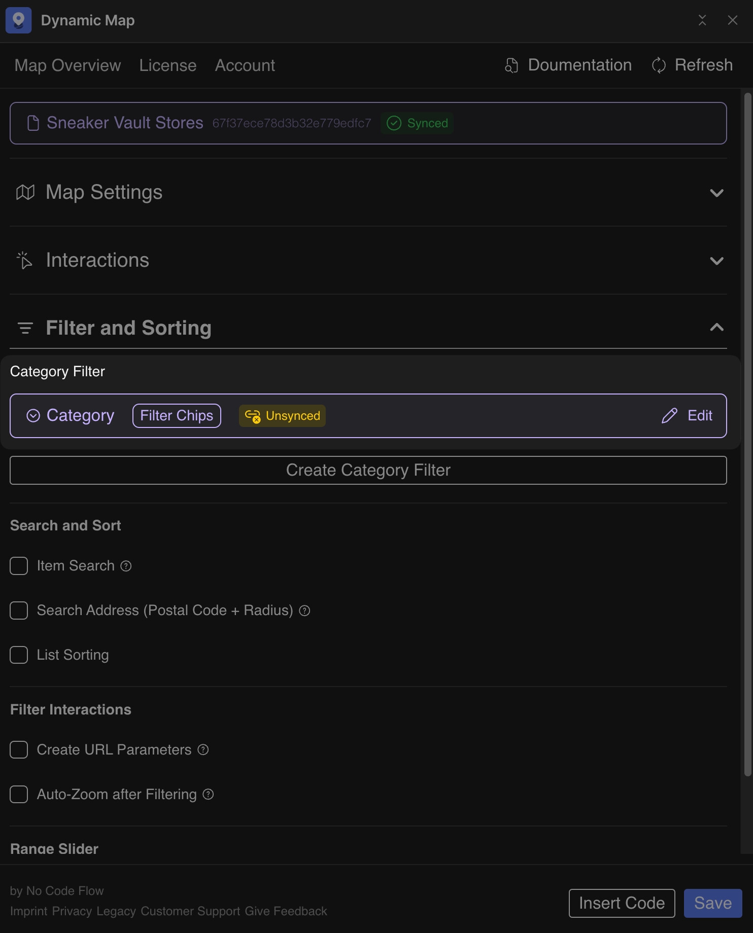 Dynamic Map App Filter and Sorting panel showing a category filter chip marked as Unsynced after a new CMS option was added.