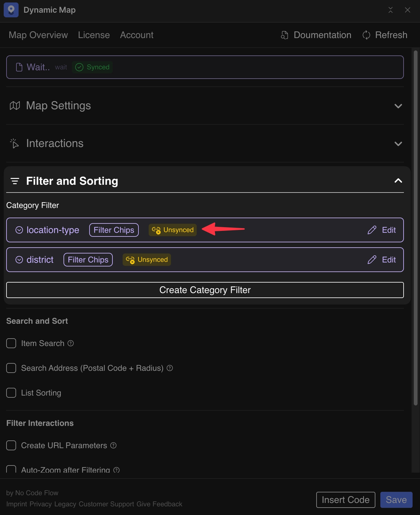 Dynamic Map App showing a category filter marked as out of sync, with options to edit and re-insert missing filter chips.