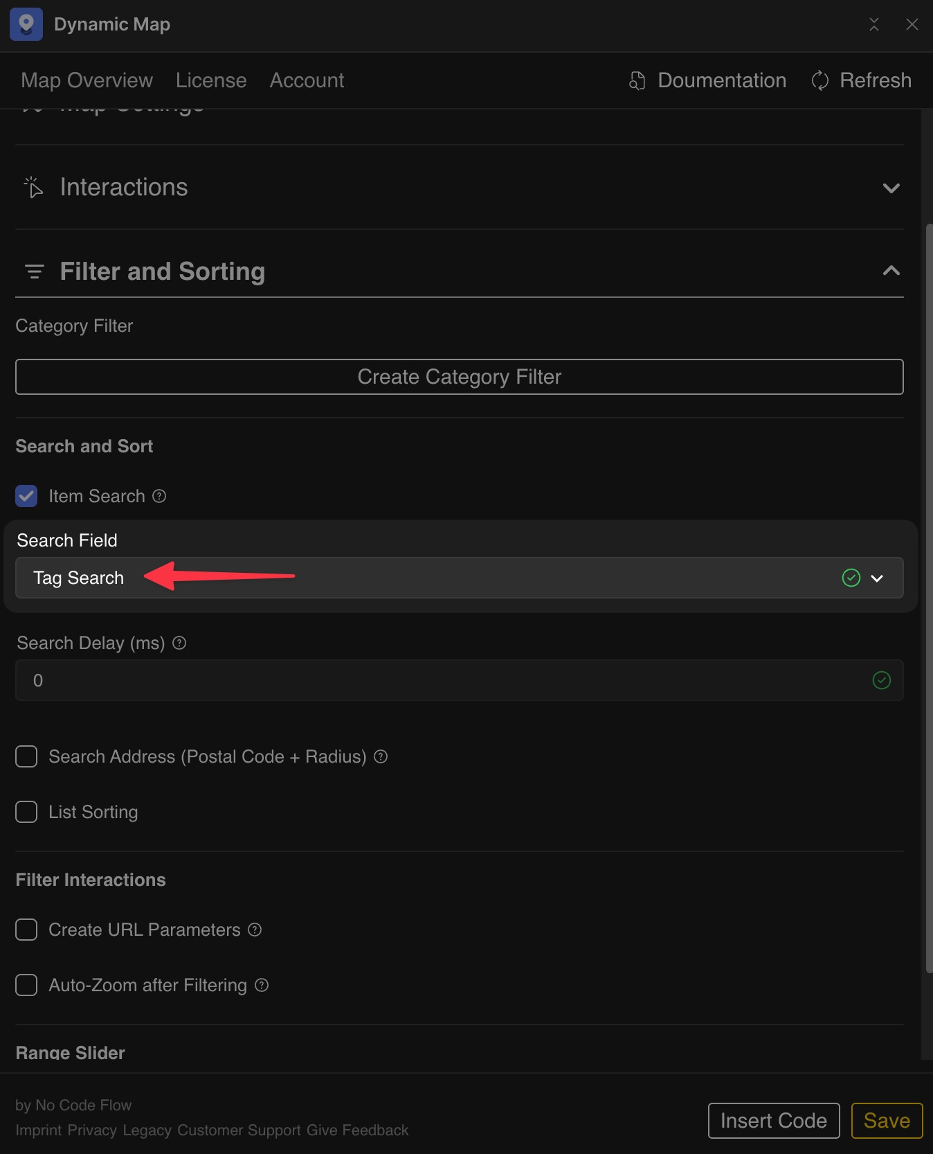 Dynamic Map App Filter and Sorting panel showing the Search Field dropdown switched to the Tag Search CMS field.