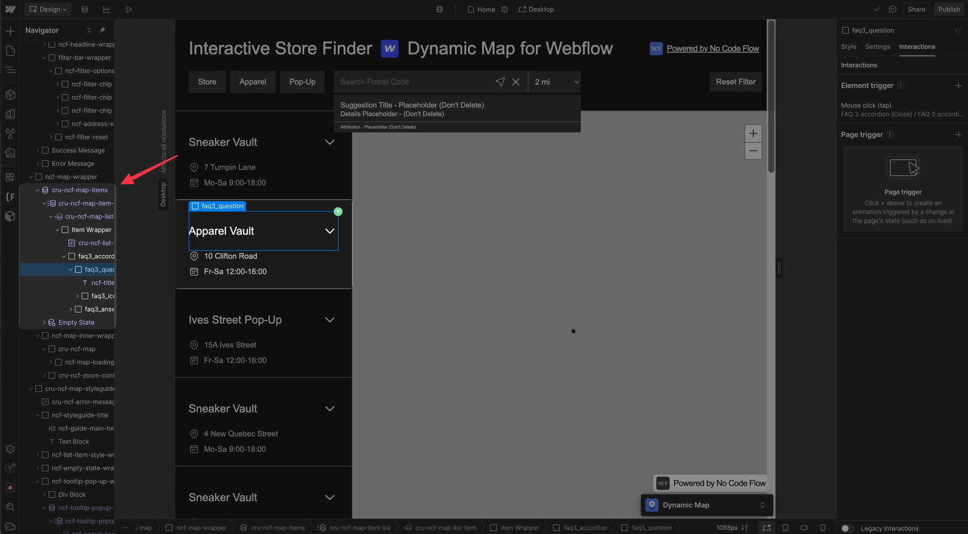 Webflow Designer showing the cru-ncf-map-list-item element which requires the Webflow Interactions feature to be enabled.
