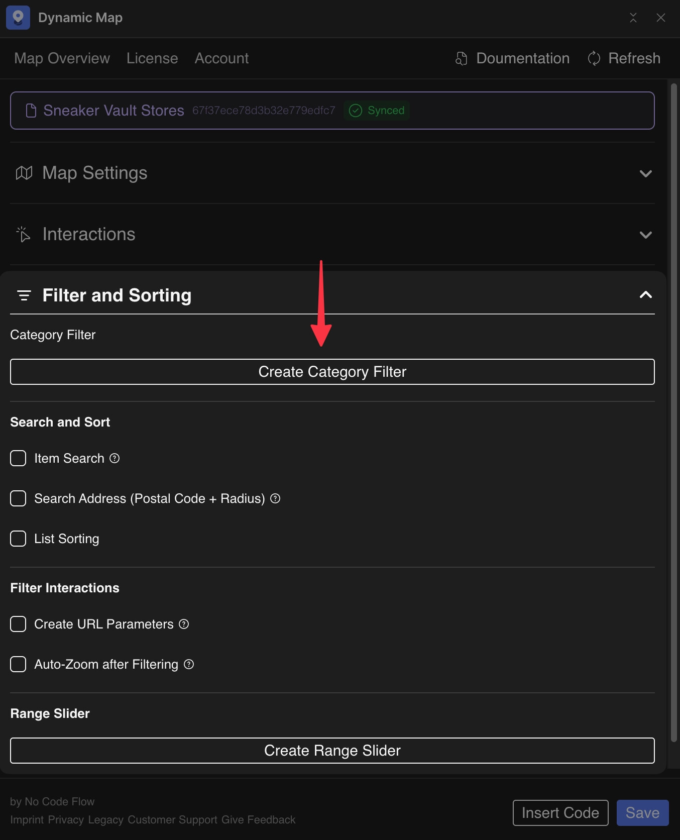 Dynamic Map App showing the Filter and Sorting section with the Create Category Filter button highlighted.