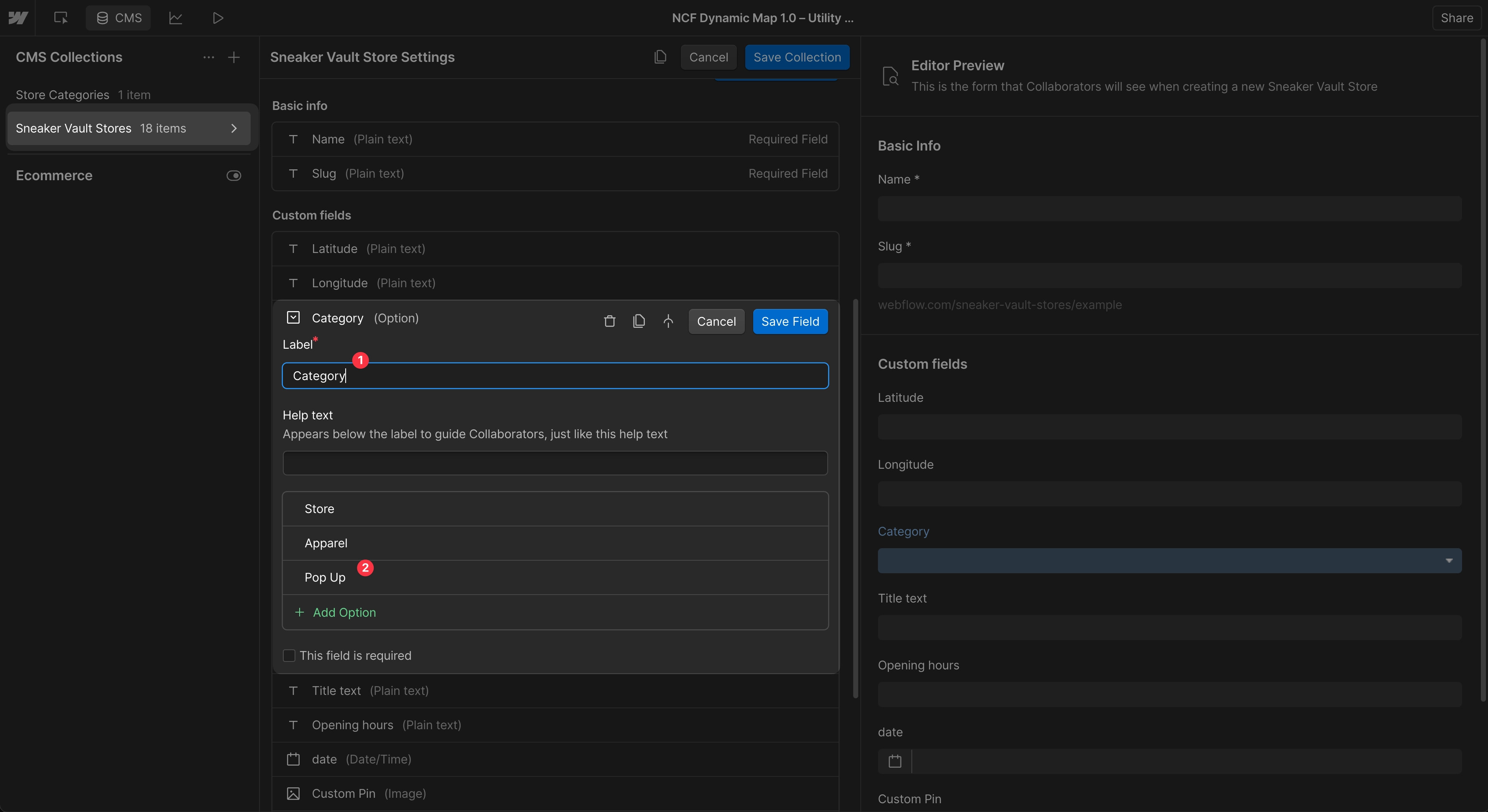 Webflow CMS collection editor showing an Option field being created to define pin categories.