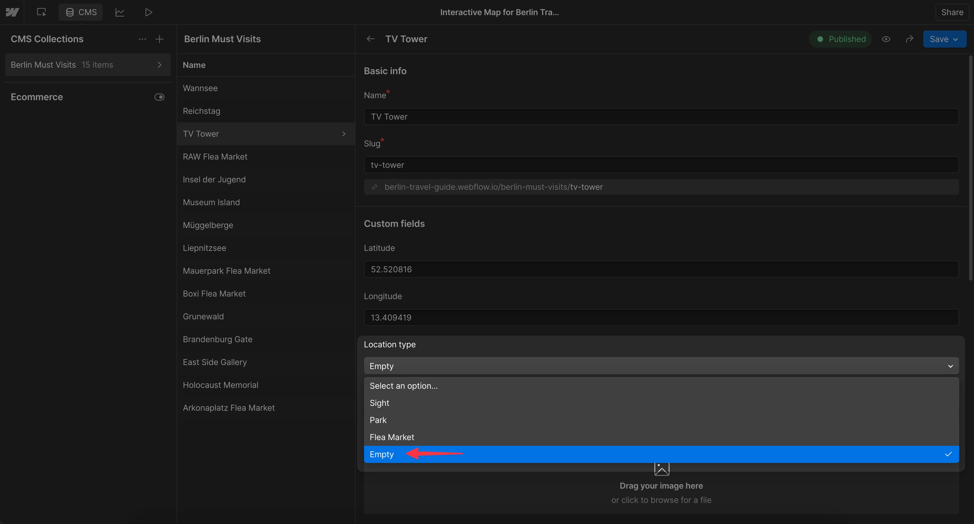 Webflow CMS showing the fix: a placeholder option called empty applied to items without a real category, solving the Dynamic Map filter issue.