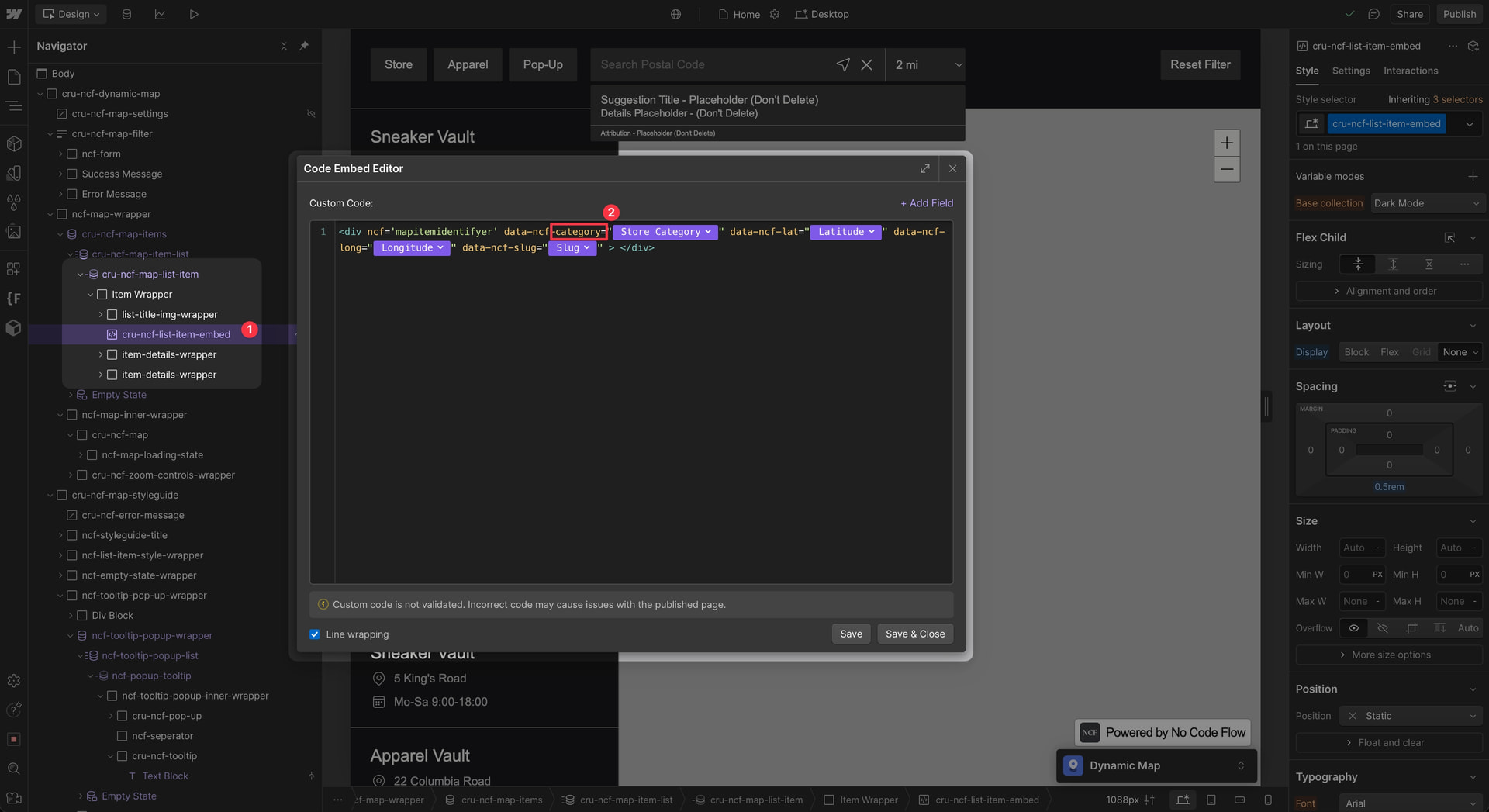 Dynamic Map code embed highlighting the option_field_name and option_field_value used for the category pin class.