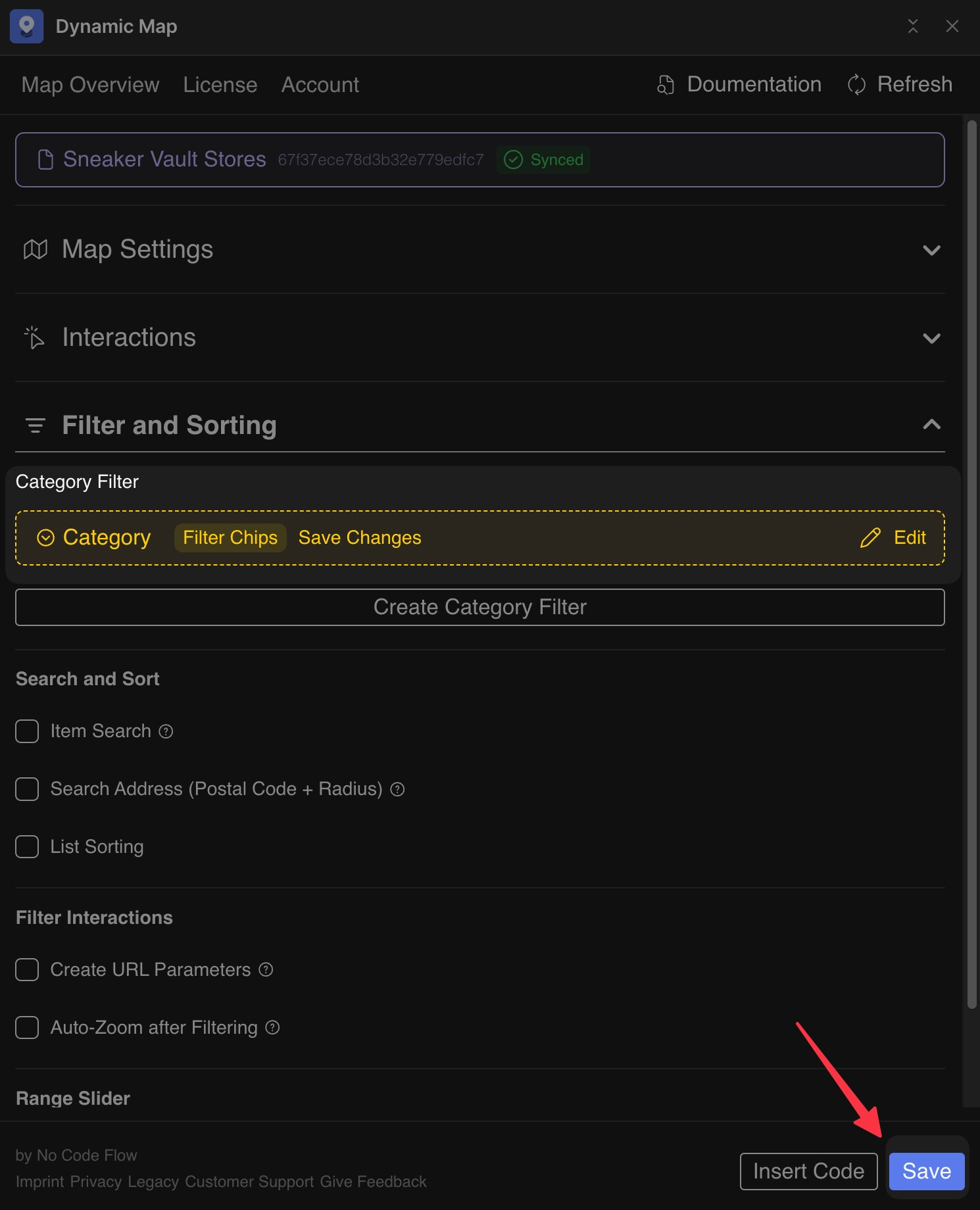 Dynamic Map App save confirmation screen after adding a new category filter chip.