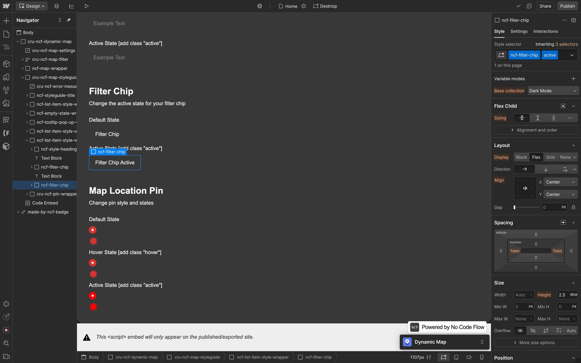Webflow Designer showing the cru-ncf-map-filter div containing the newly generated filter chip elements.