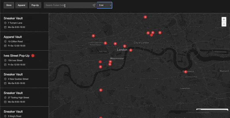 Animated GIF showing Dynamic Map's address search feature — a user types an address and the map zooms to show only items within a set radius.