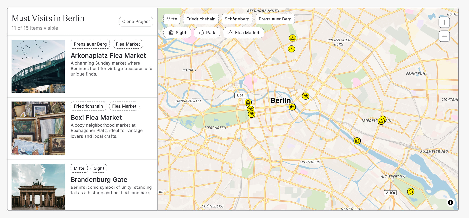 Example of custom individual pins on a Dynamic Map for Webflow, showing different icons assigned per map item.