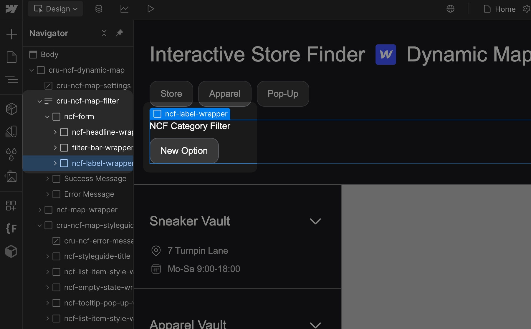 Webflow Designer showing the newly added filter chip placed at the bottom of the cru-ncf-map-filter div.