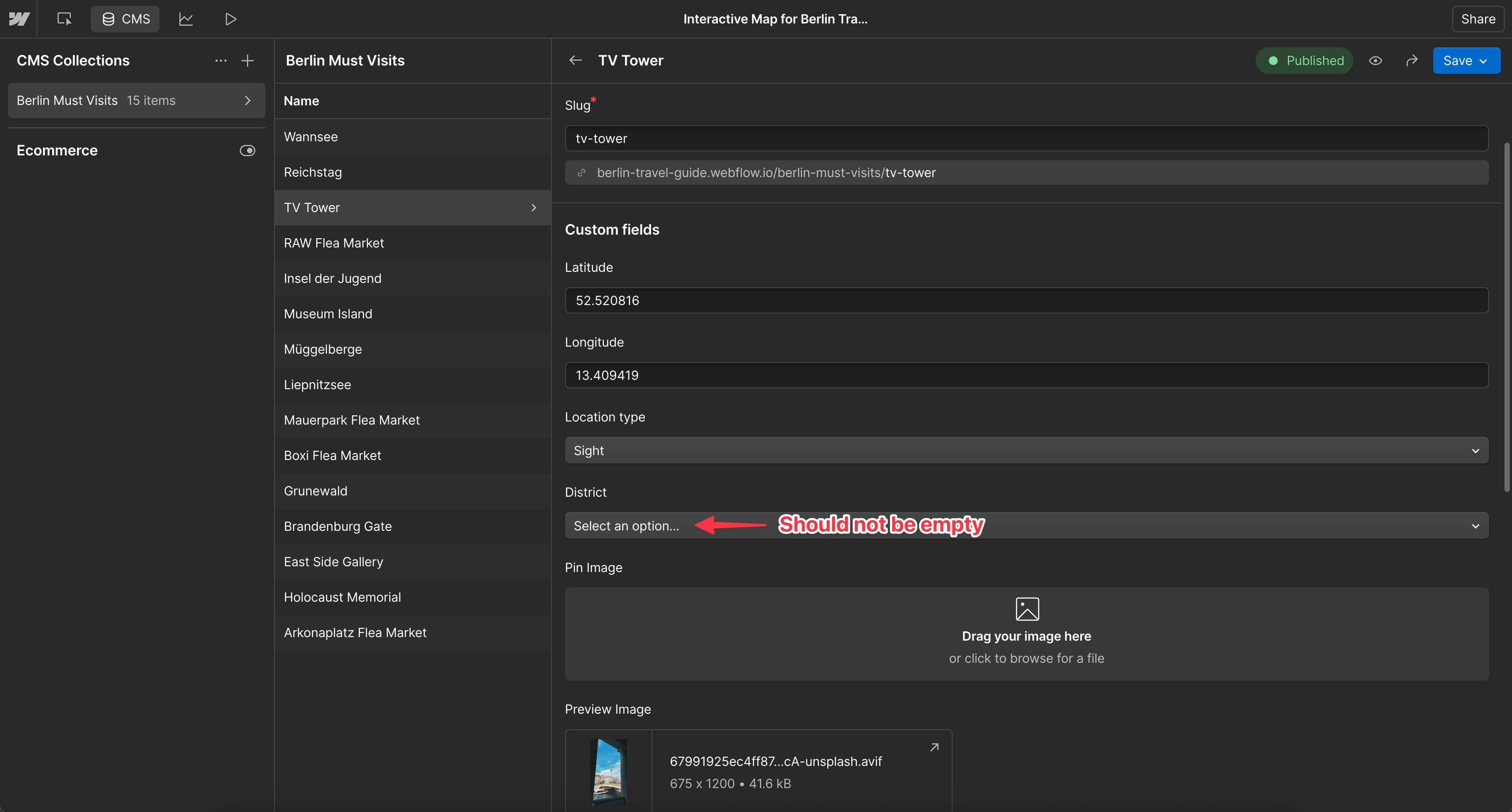 Webflow CMS showing items with empty Option fields that cause the Dynamic Map category filter to fail.