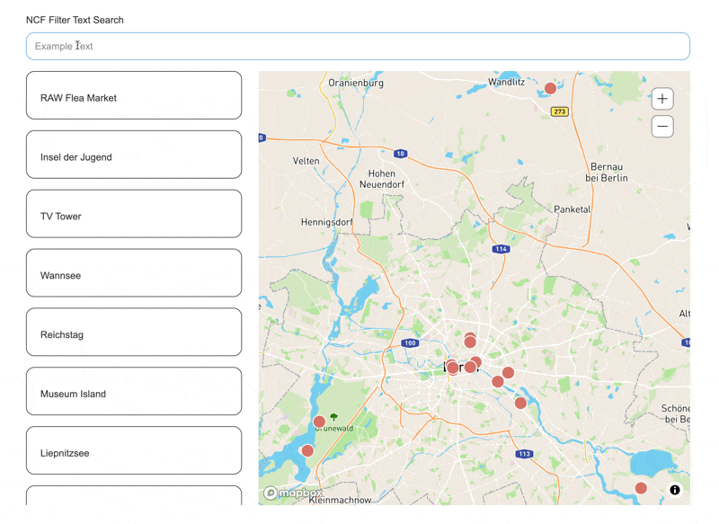 Animated GIF showing Dynamic Map's text search in action — the map and item list filter in real time as the user types.