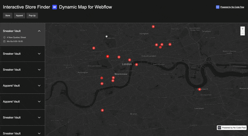 Animated GIF showing a Webflow accordion interaction working inside a Dynamic Map list item.