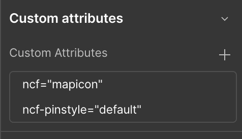 Webflow element attribute panel showing the required ncf=mapicon attribute applied to the location pin element.