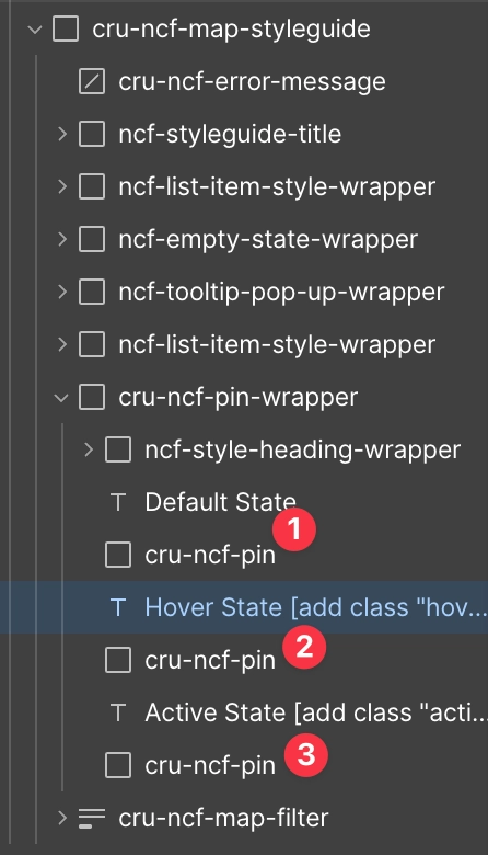 Webflow Designer showing the three pin state child elements: default, hover, and active.