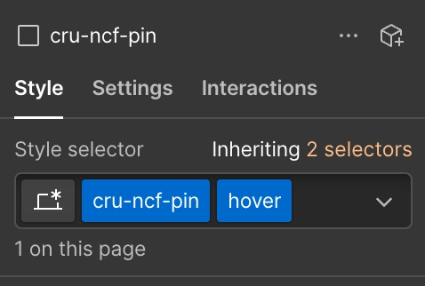 Webflow attribute panel showing ncf-pinstyle=hover.