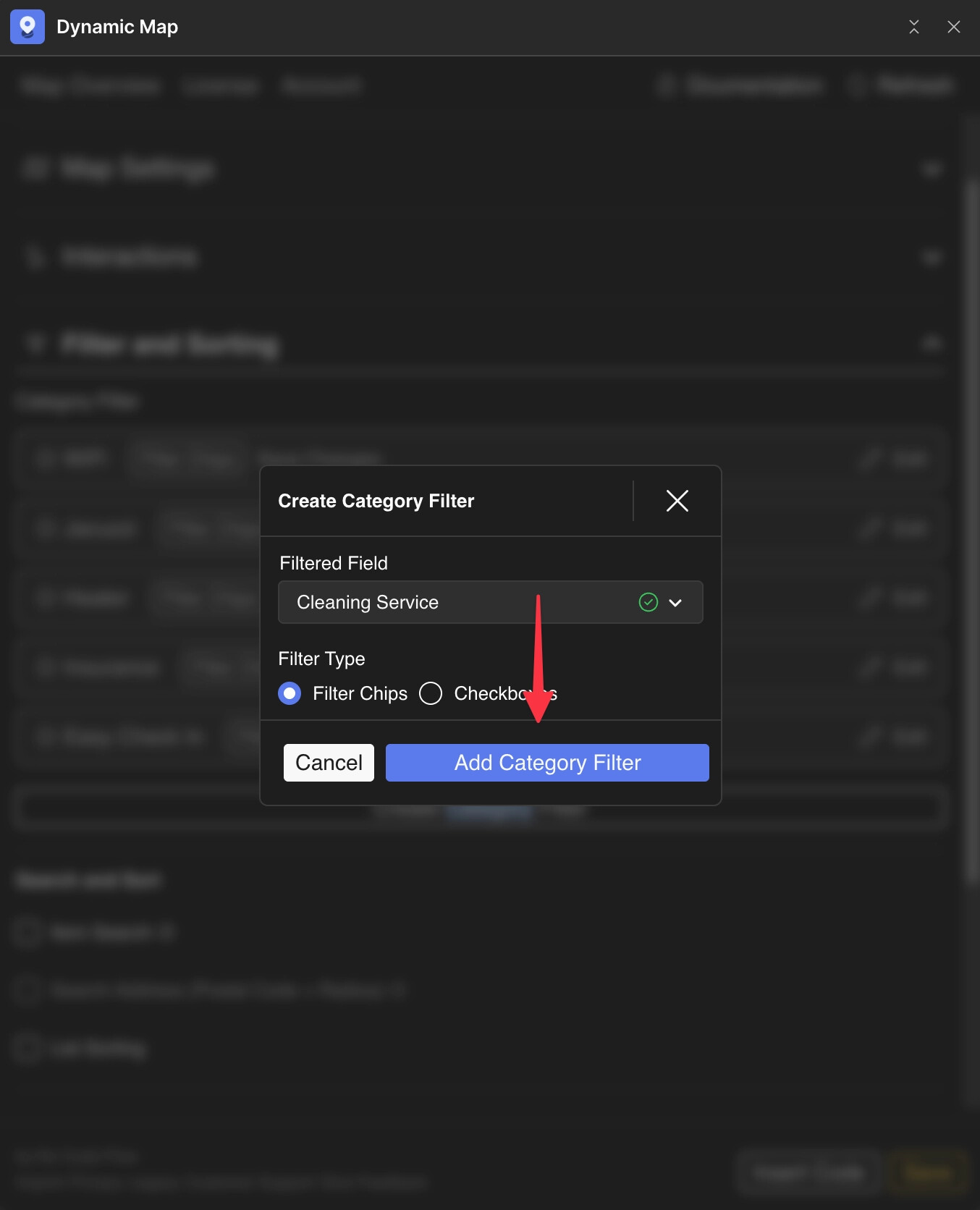 Dynamic Map App showing the category filter list with all new Option field filters added.