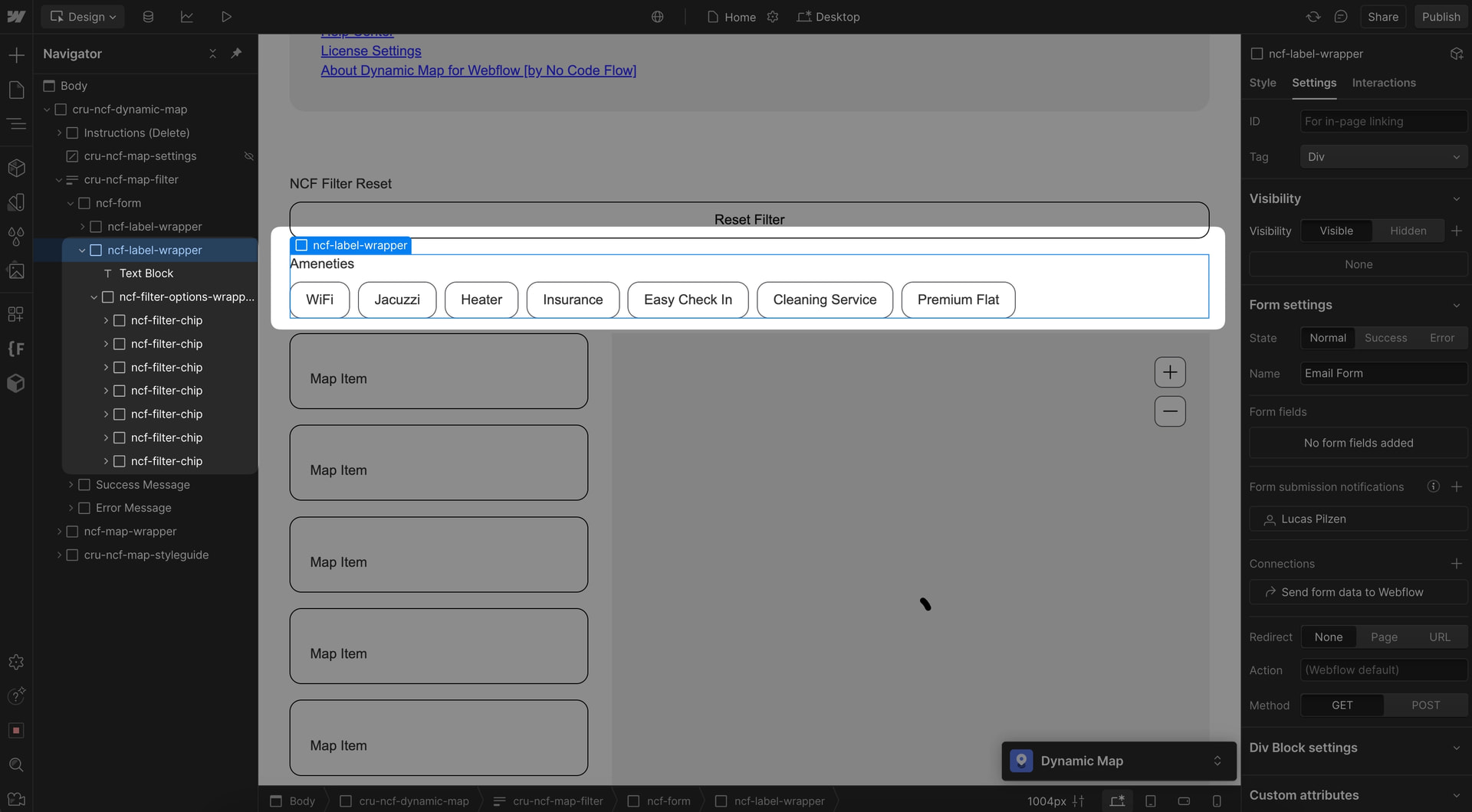 Webflow Designer showing the yes filter chip renamed to WiFi, and the no chip selected for deletion.