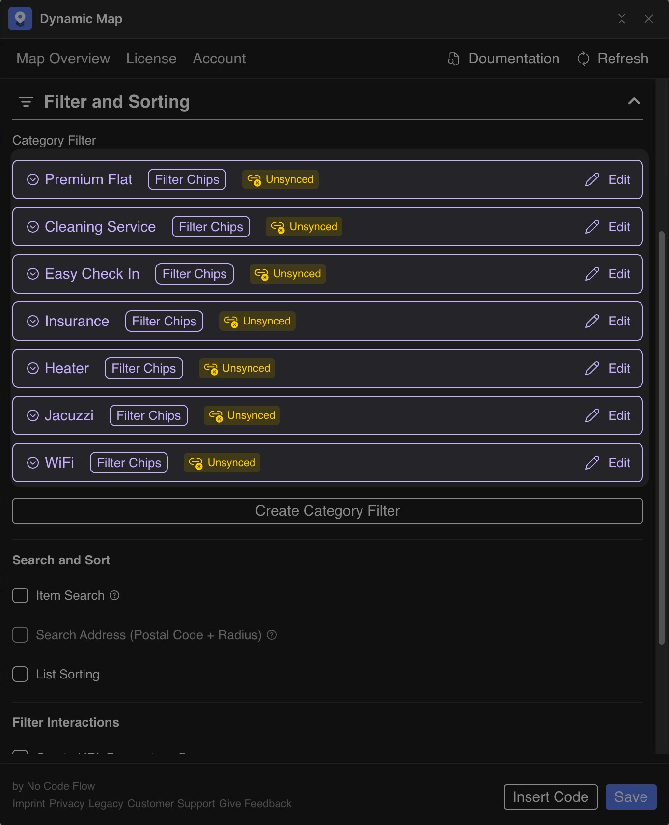 Dynamic Map App showing a sync warning about deleted option filter tags, which can be safely ignored after removing the no chips.
