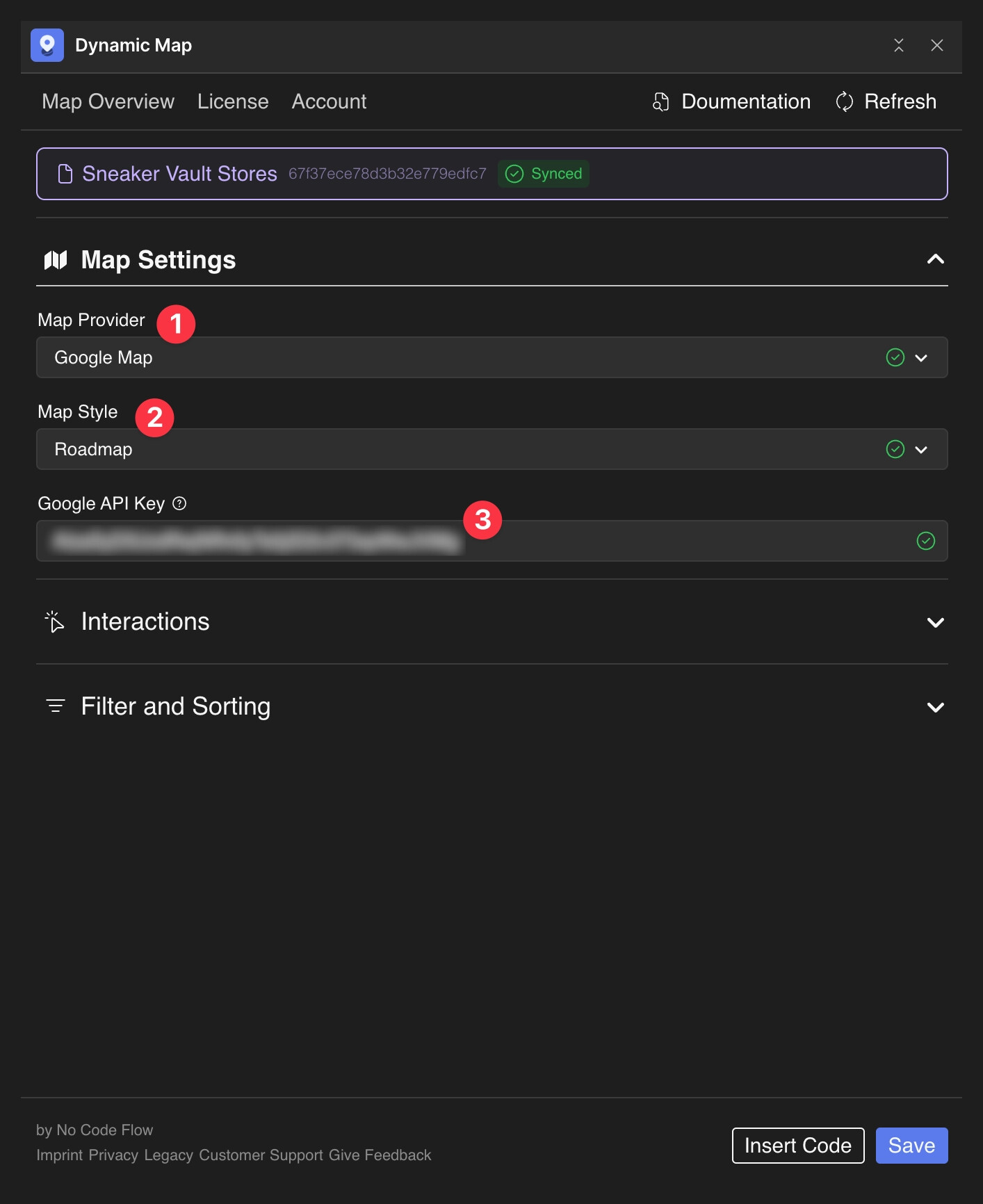 Google Maps provider configuration panel inside Dynamic Map for Webflow, showing map style selection and Google API key input.
