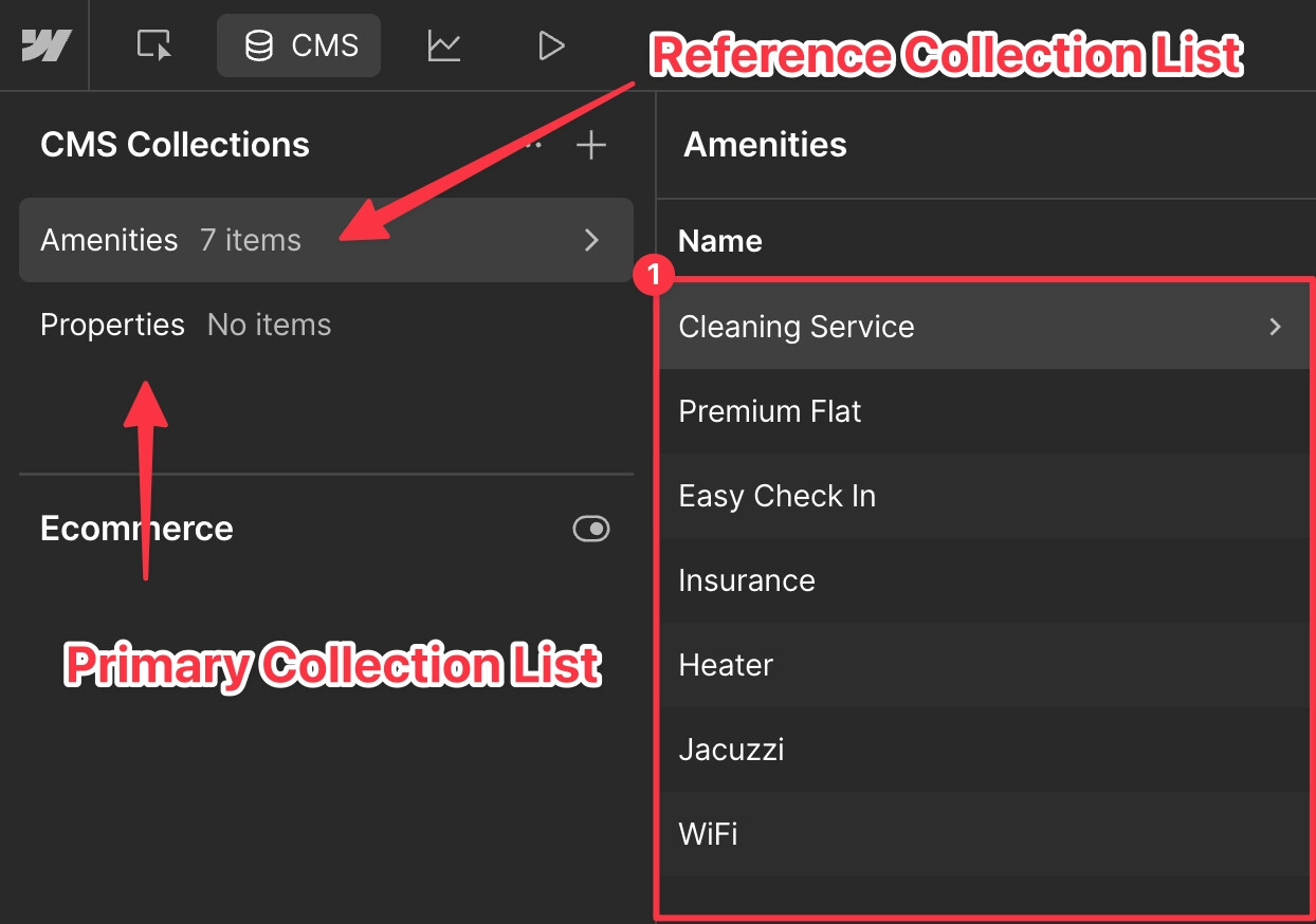 Webflow CMS editor showing a Reference collection list called Amenities, which contains the items to be simulated as multi-reference filters.