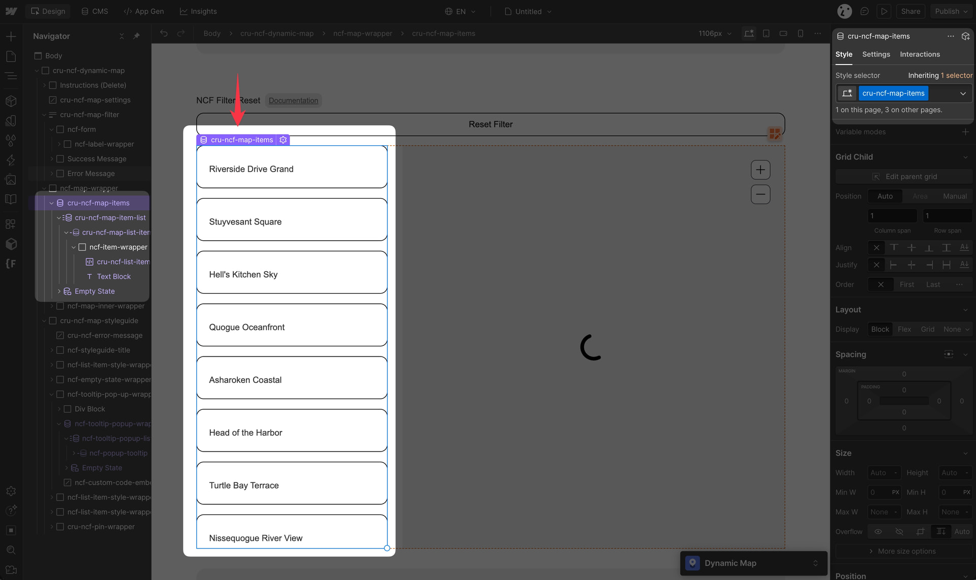 Webflow Designer showing the auto-generated Map Item CMS List element that connects Dynamic Map scripts to the CMS collection.