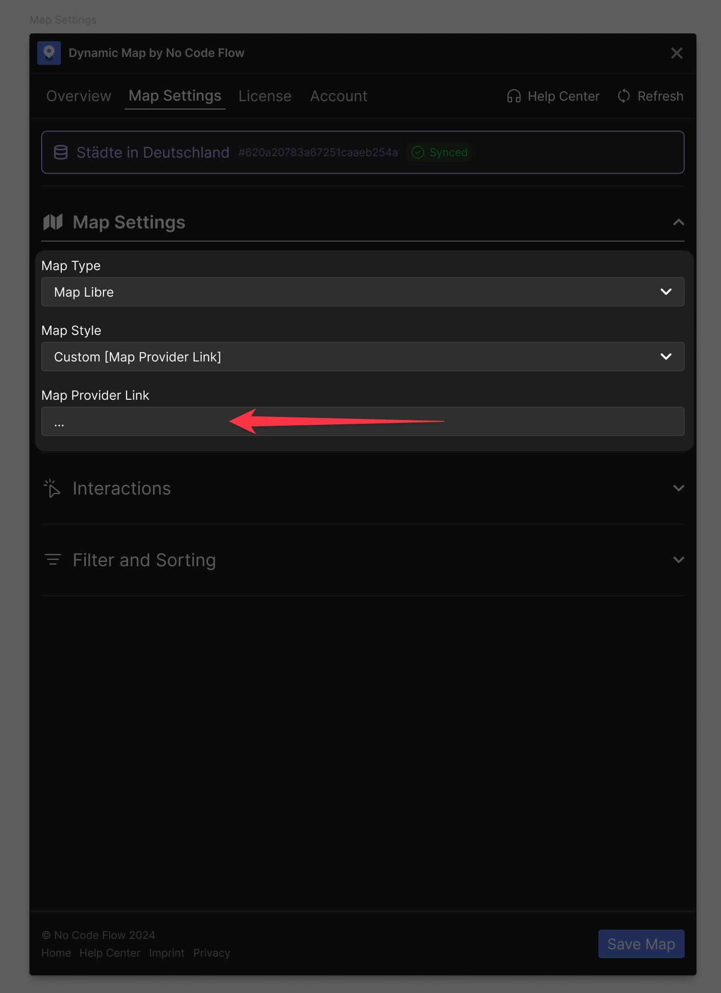 Dynamic Map settings panel showing where to paste a custom MapLibre style URL.