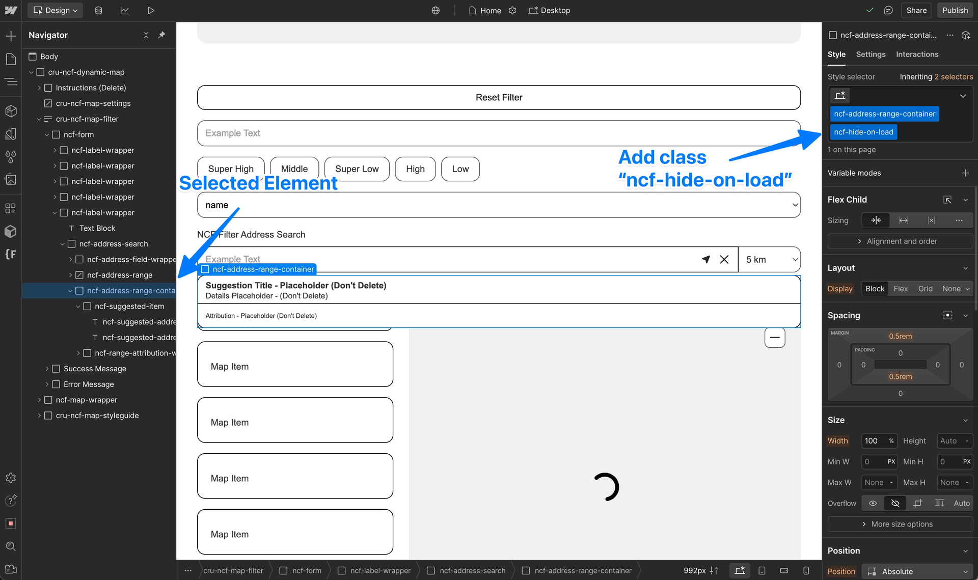 Webflow Designer showing the ncf-hide-on-load class applied to the address search bar and filter reset button to suppress them during page load.