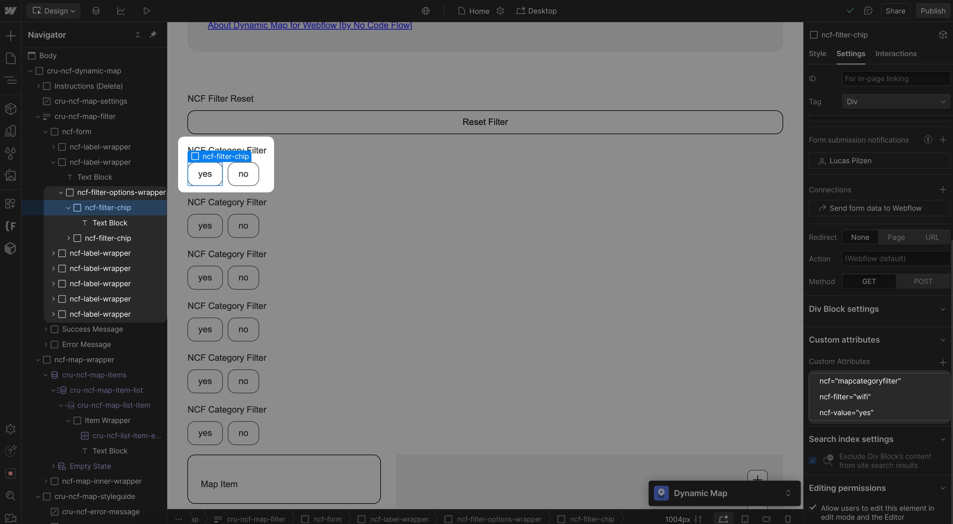Webflow Designer showing filter chip elements with their category attributes visible in the Custom Attributes settings panel.