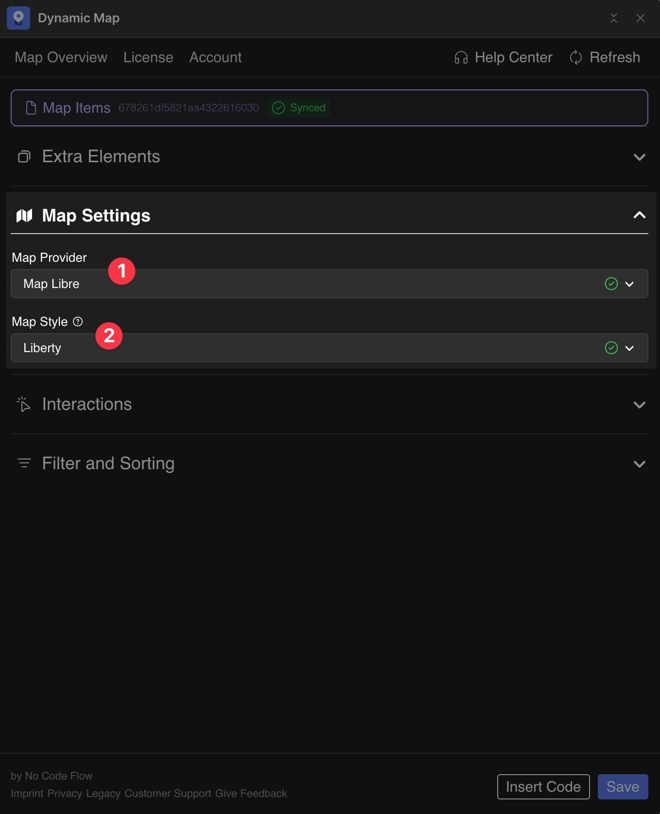 Overview of MapLibre map provider settings inside Dynamic Map for Webflow, showing map style selection options.
