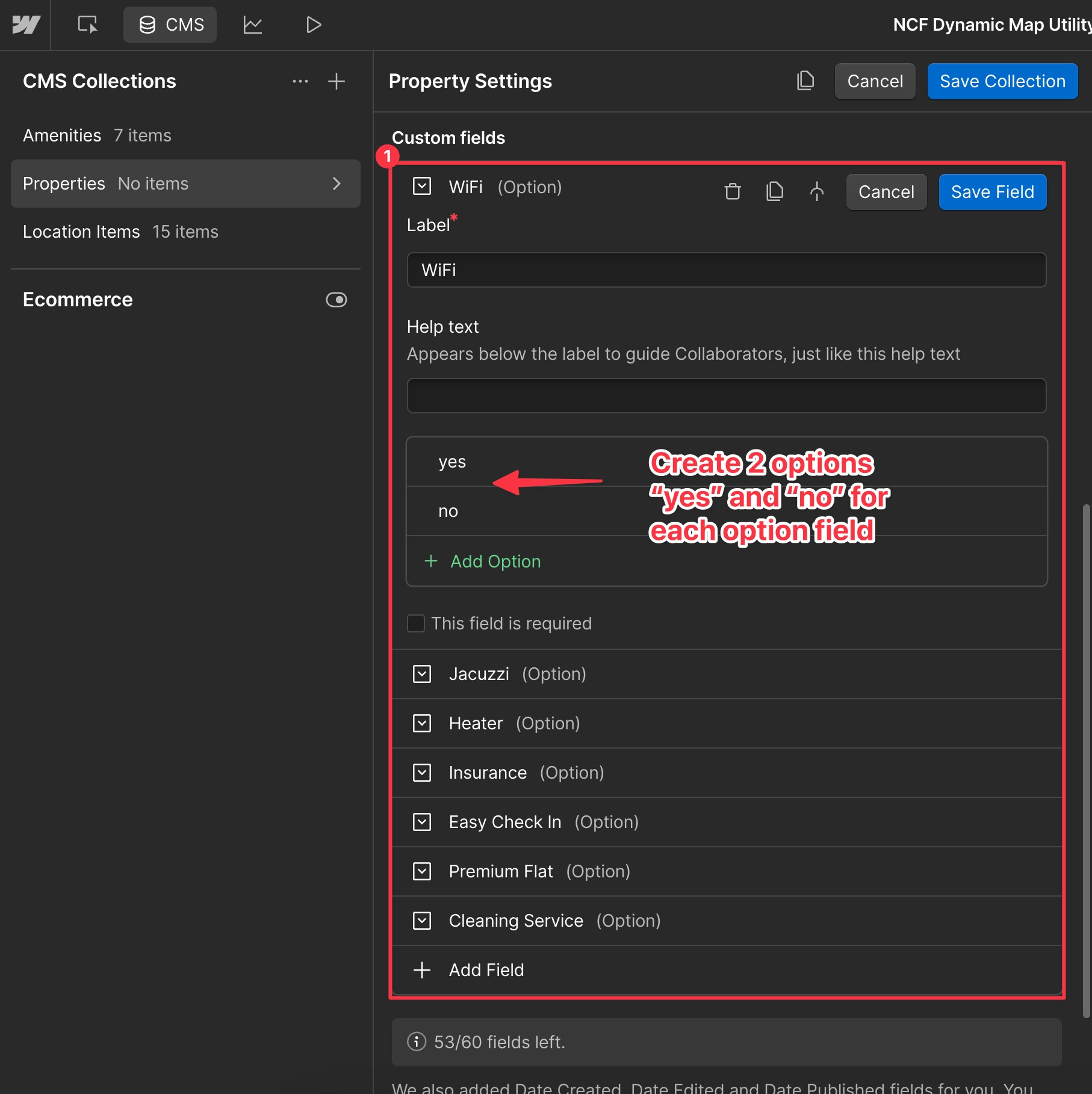 Webflow CMS collection editor showing multiple Option fields created for each amenity — each with yes and no as options.