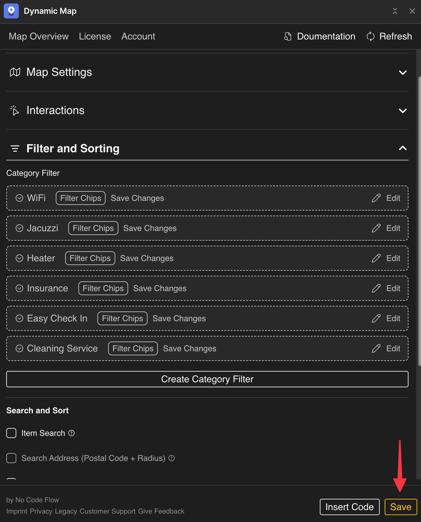 Dynamic Map App confirming all option field category filters have been saved.