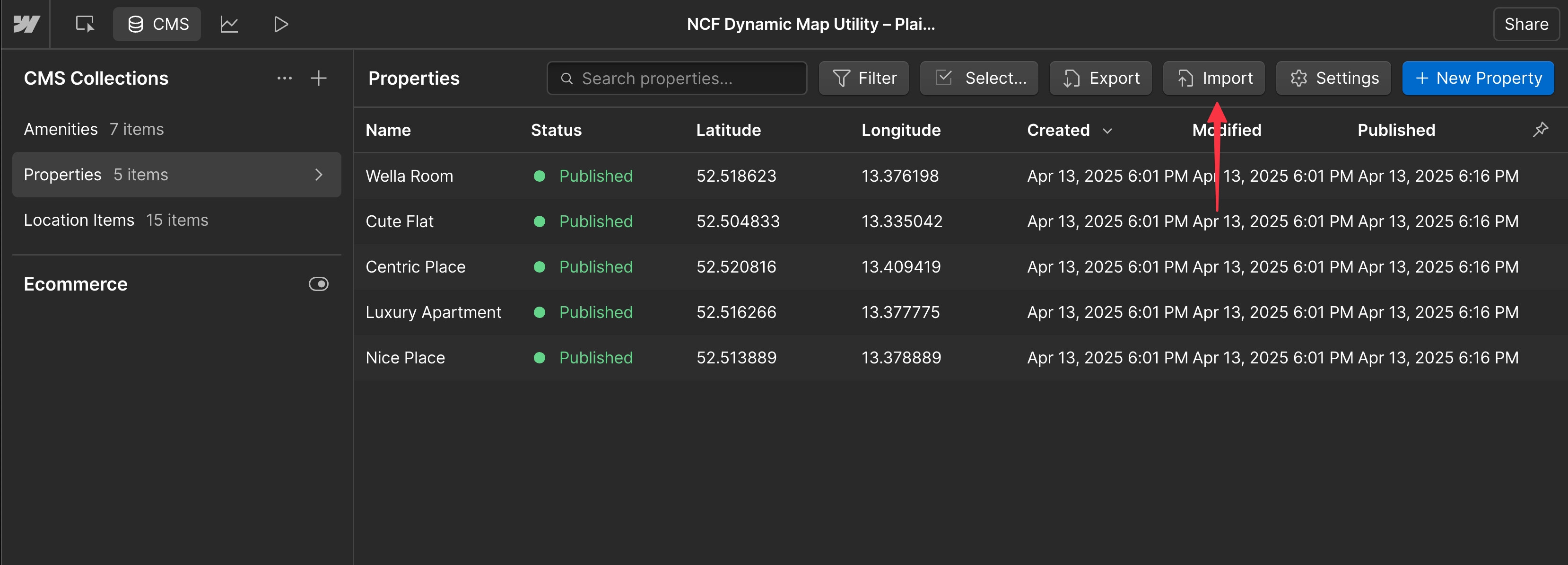 Webflow CMS import screen showing a CSV file being uploaded.