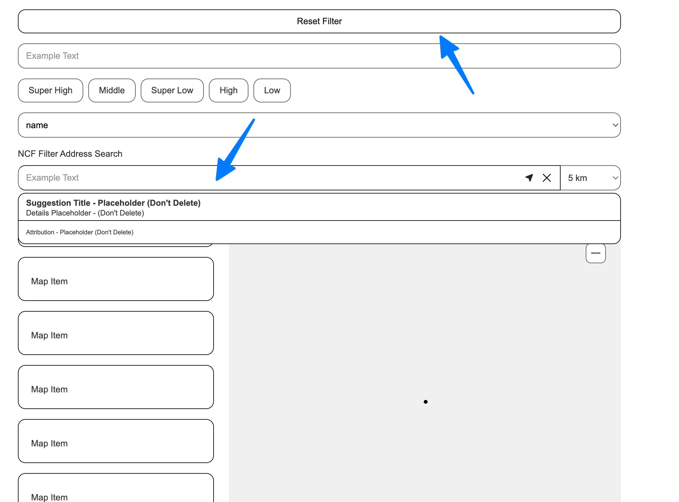 Map page in loading state with ncf-hide-on-load applied — the address search bar and reset button are not visible until the map has loaded.