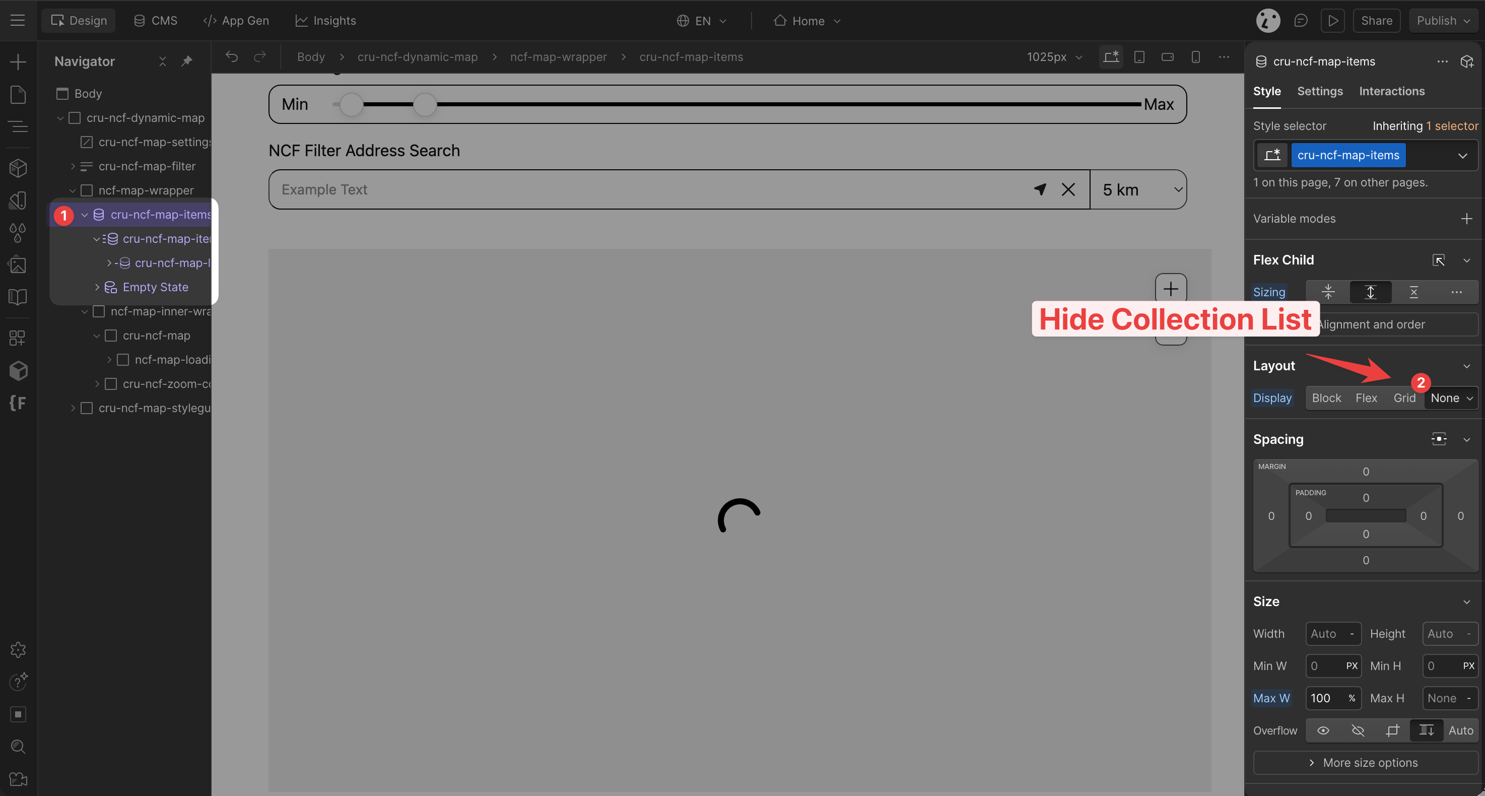 Webflow Designer showing cru-ncf-map-item set to Display: None to hide the CMS list while keeping the map functional.