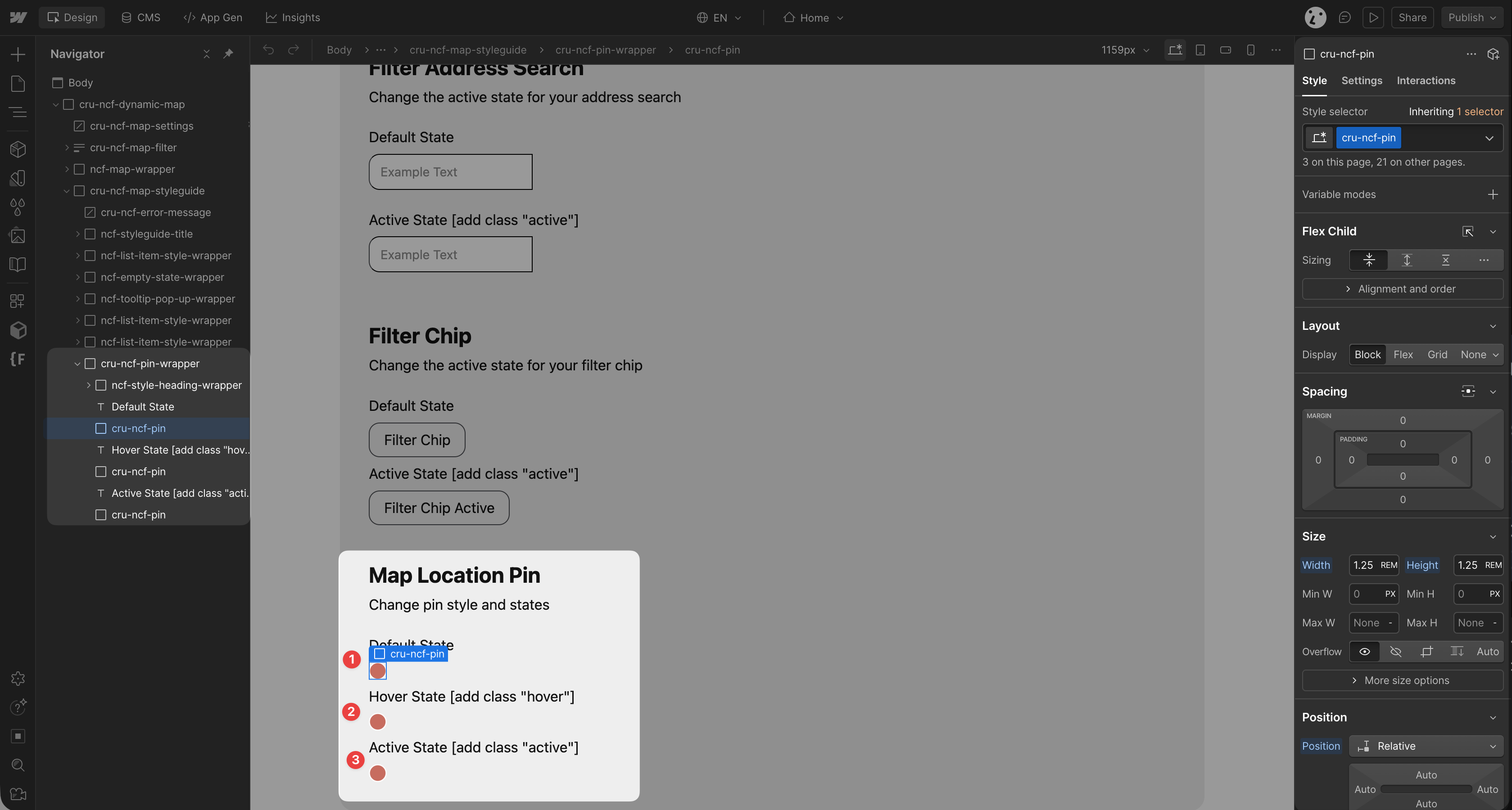 Overview of the Map Location Pins feature in Dynamic Map for Webflow, showing pin states and styling options inside Webflow Designer.